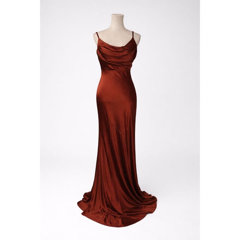 Revelry Skye Satin Side Zip Dress Size 12 Burnt Orange Double Slit NWT